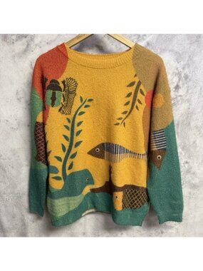 YESNO Womens Oversized Soft Cozy Graphic Pullover Wool Cotton Sweater Fish